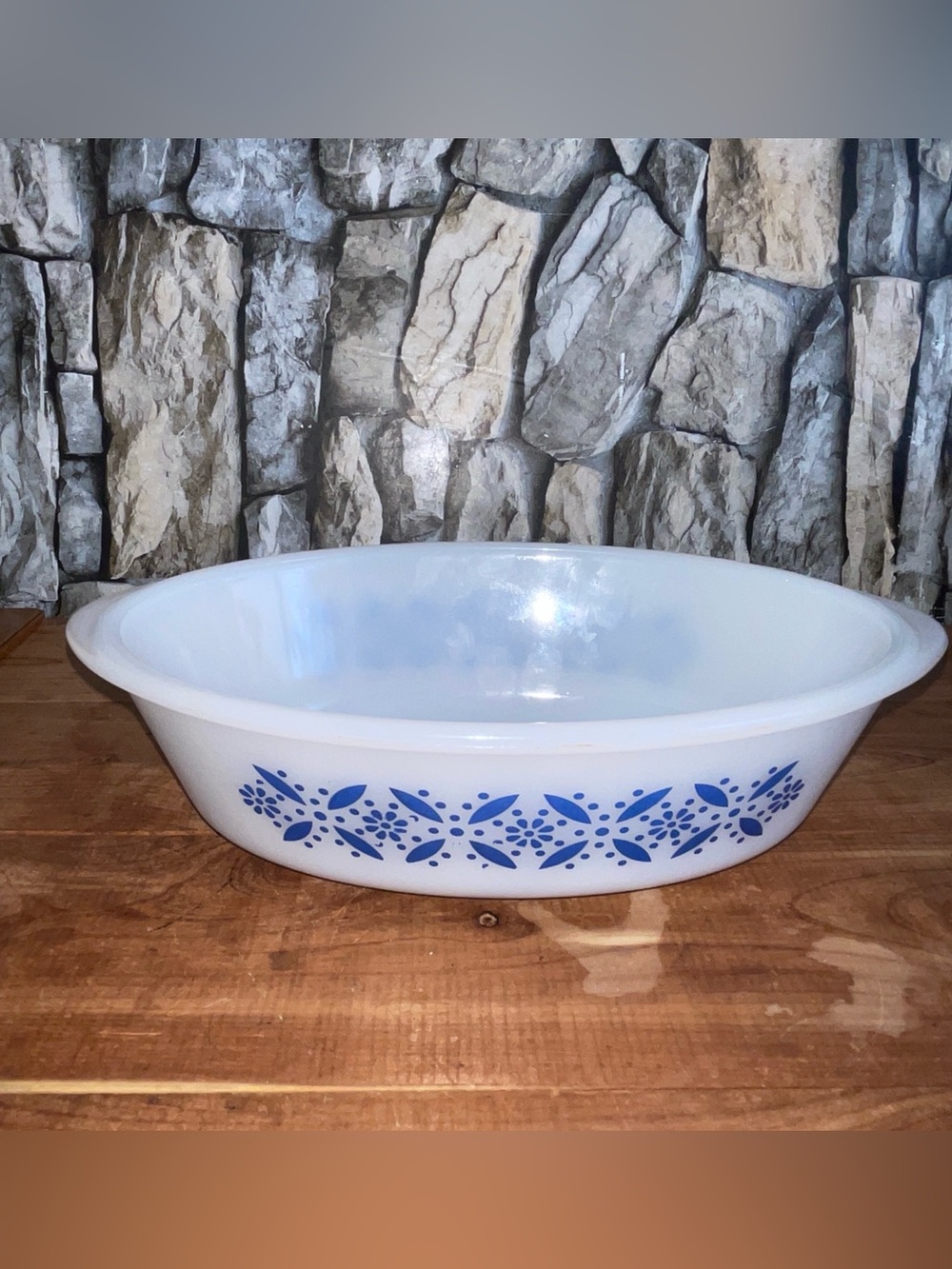 White and Blue Vintage Glasbake Oval Serving Casserole Dish. white milk glass